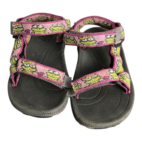 Teva Toddler Strappy Sandals Girls US6 Green Pink Frog Pattern Velcro Closures - Picture 1 of 7